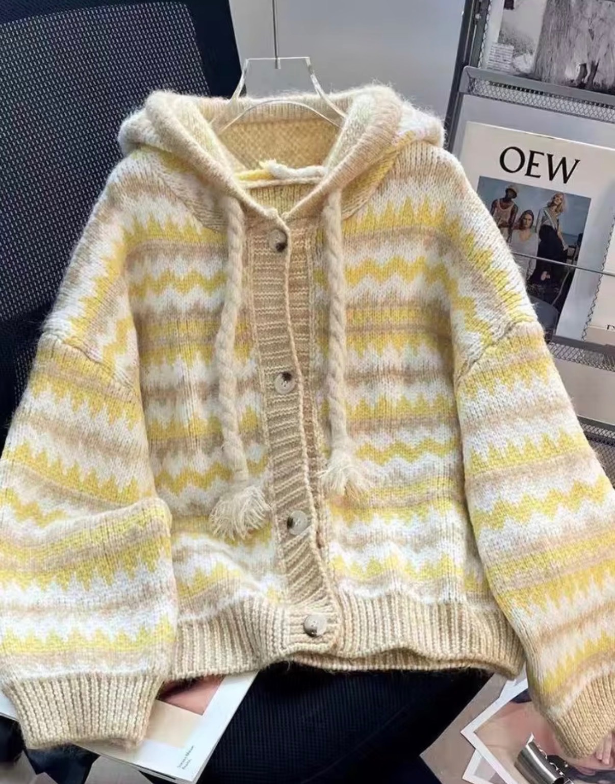 Yellow Striped Hooded Knit Cardigan