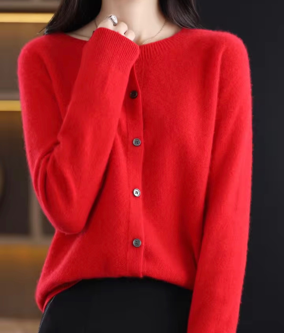 Red Round-Neck Button Cardigan