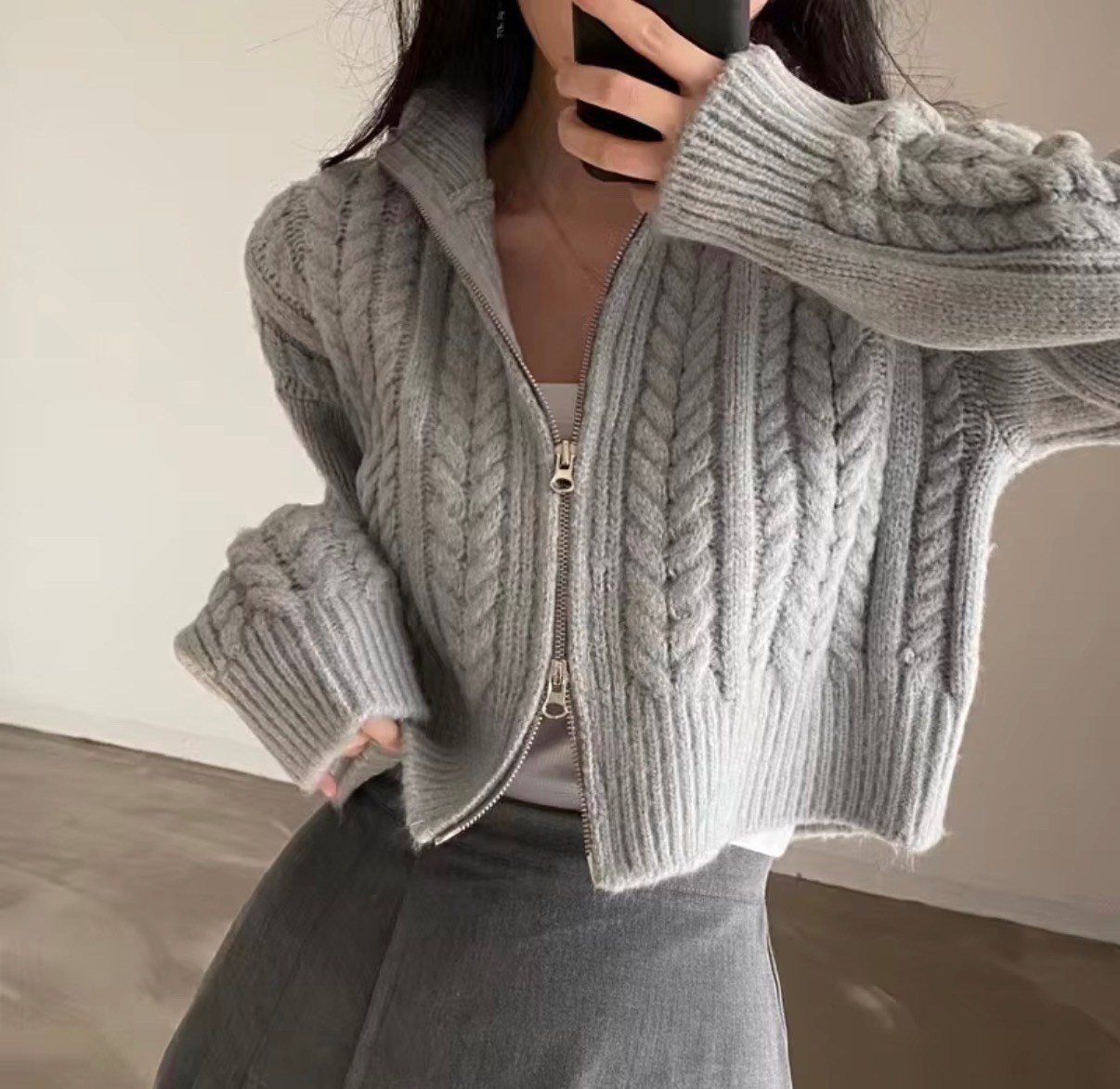 Grey Cable Knit Zip-Up Cardigan