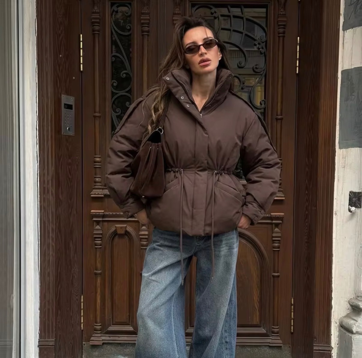 Brown Drawstring Waist Puffer Jacket