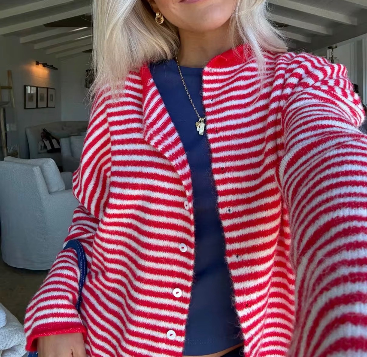 Red and White Striped Button-Up Knit Cardigan
