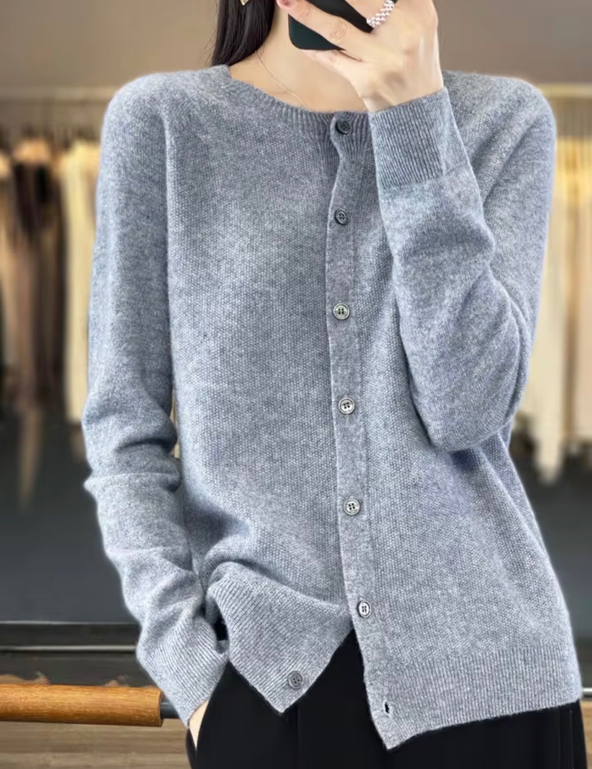 Round-Neck Button-Front Knit Cardigan