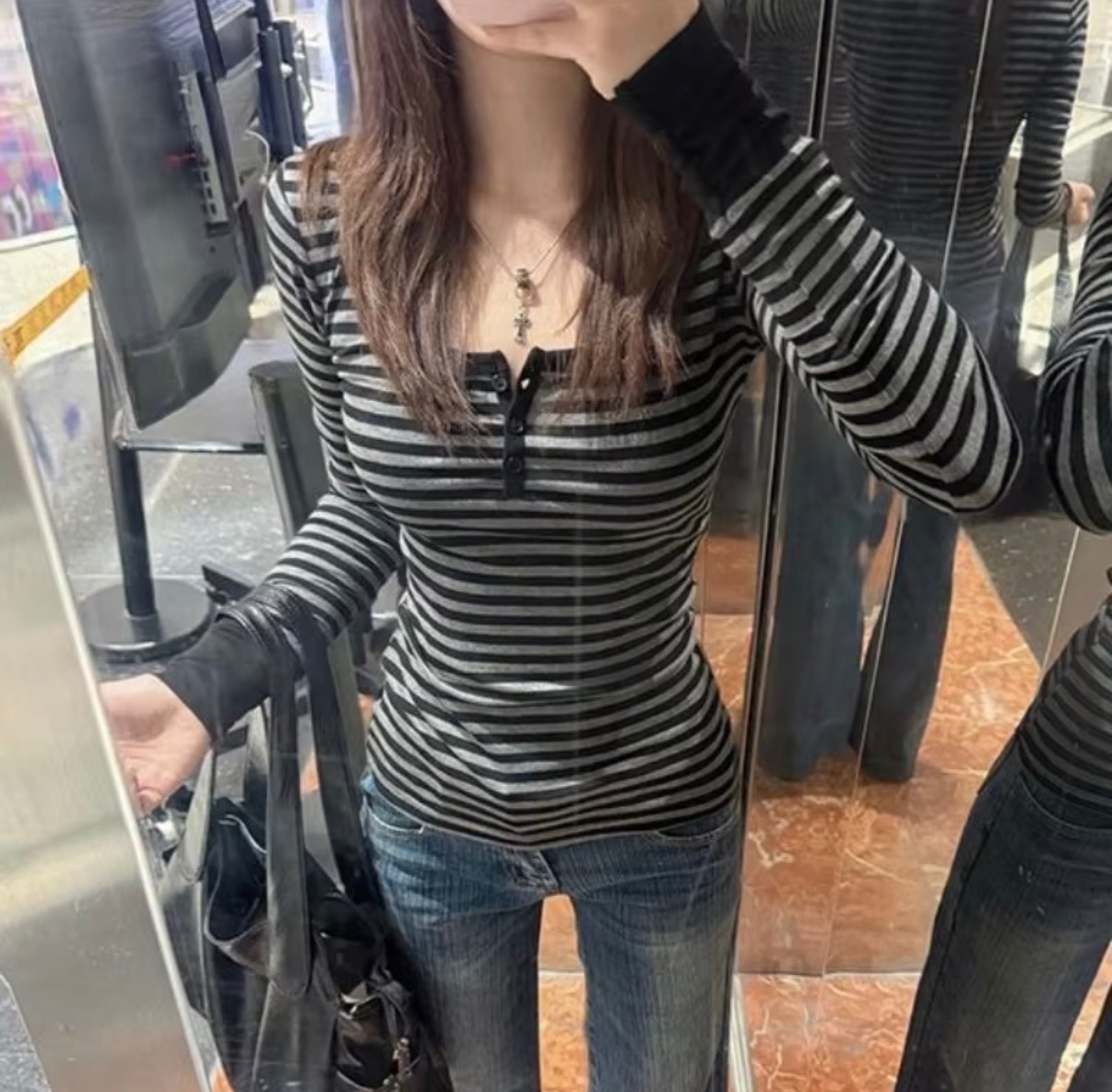 Black and Grey Striped Long-Sleeve Top with Button Placket