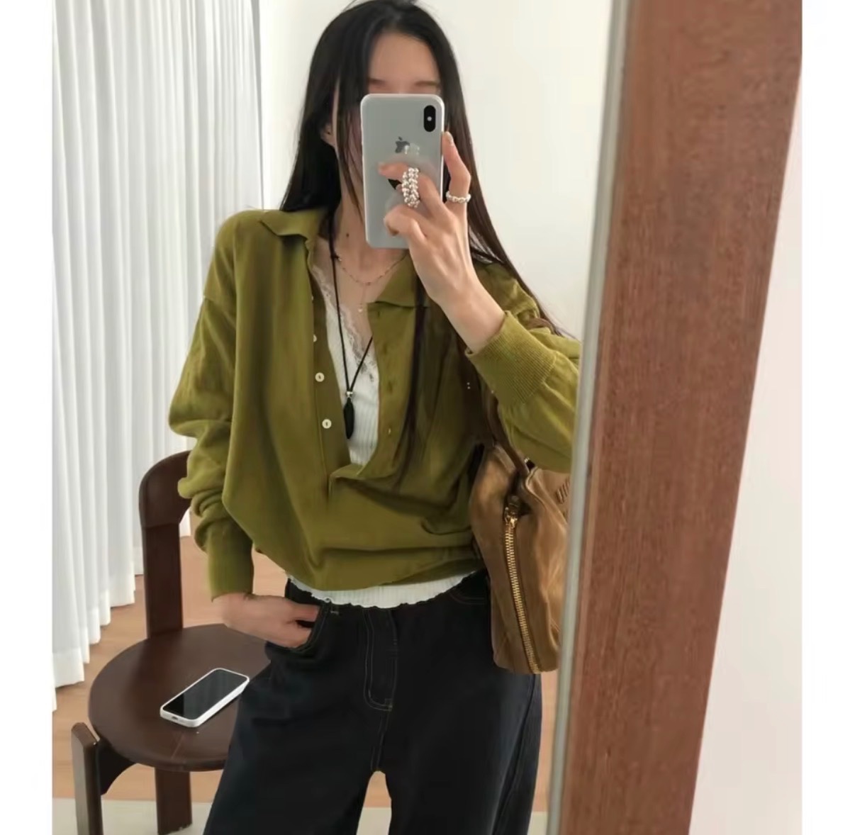 Olive Green Collared Knit Button-Up Top