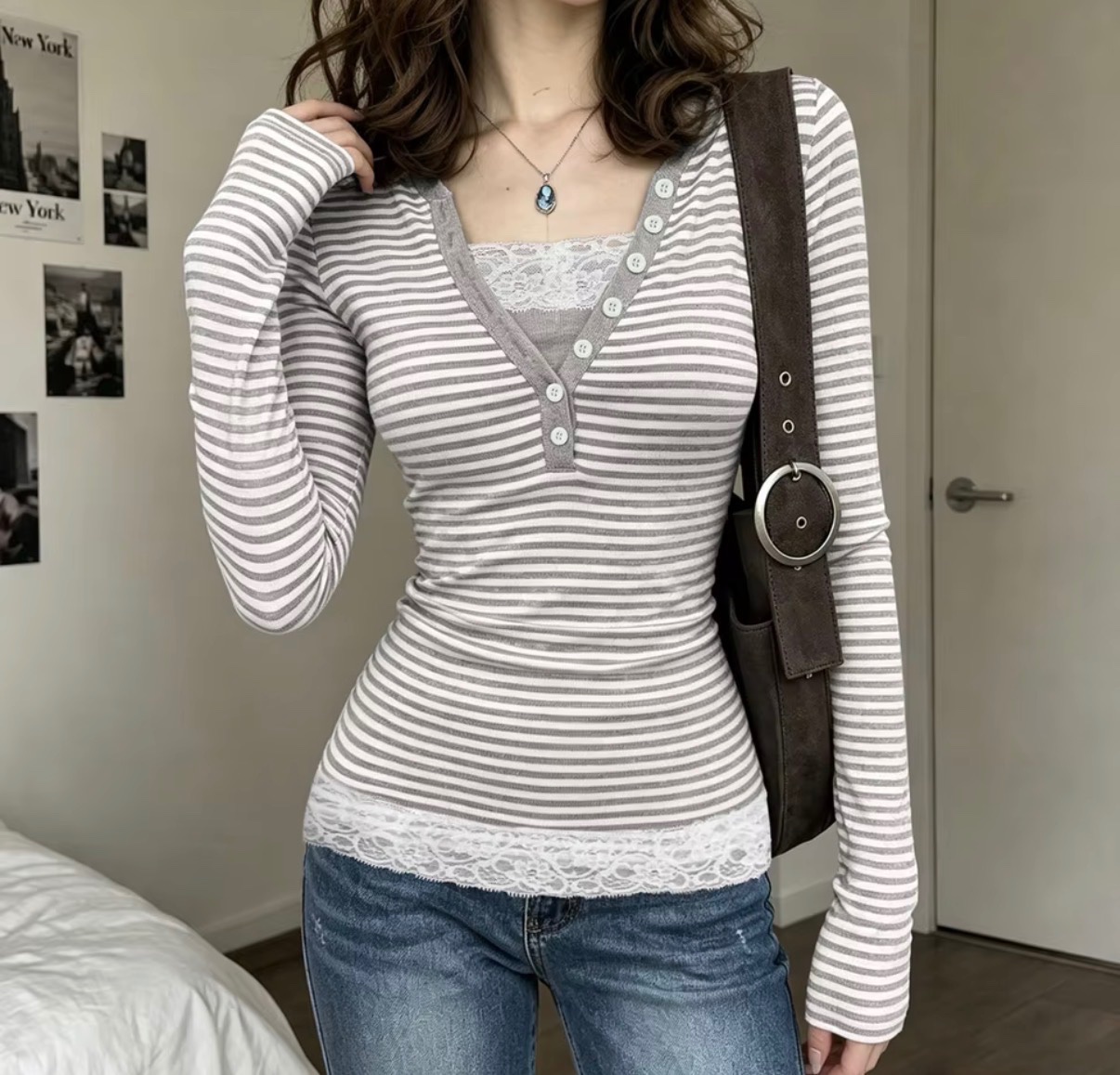 Grey Striped Long-Sleeve Top with Lace Trim