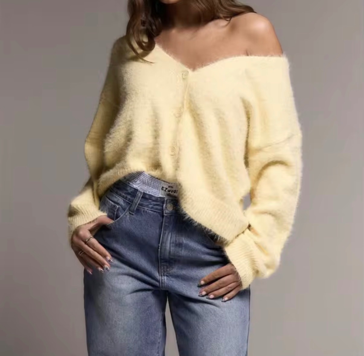 Fuzzy Pale Yellow V-Neck Cardigan