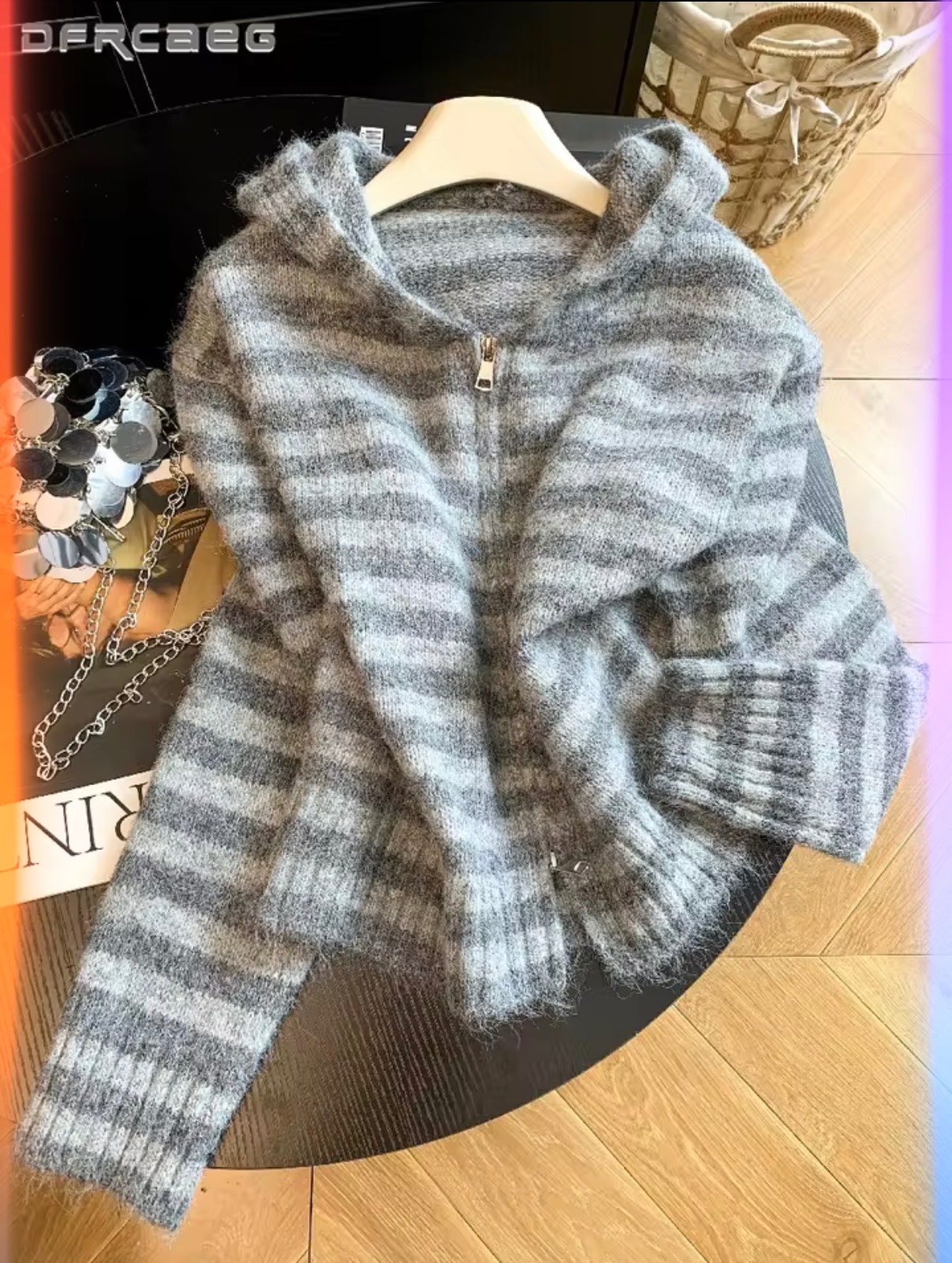 Gray Striped Hooded Knit Zip Cardigan