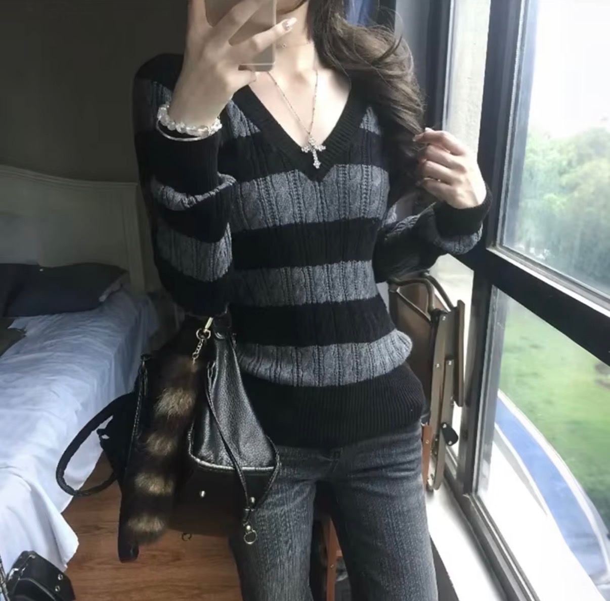 Black and Gray Striped V-Neck Cable Knit Sweater