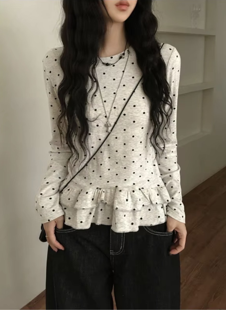 Polka Dot Ruffle Hem Long Sleeve Top