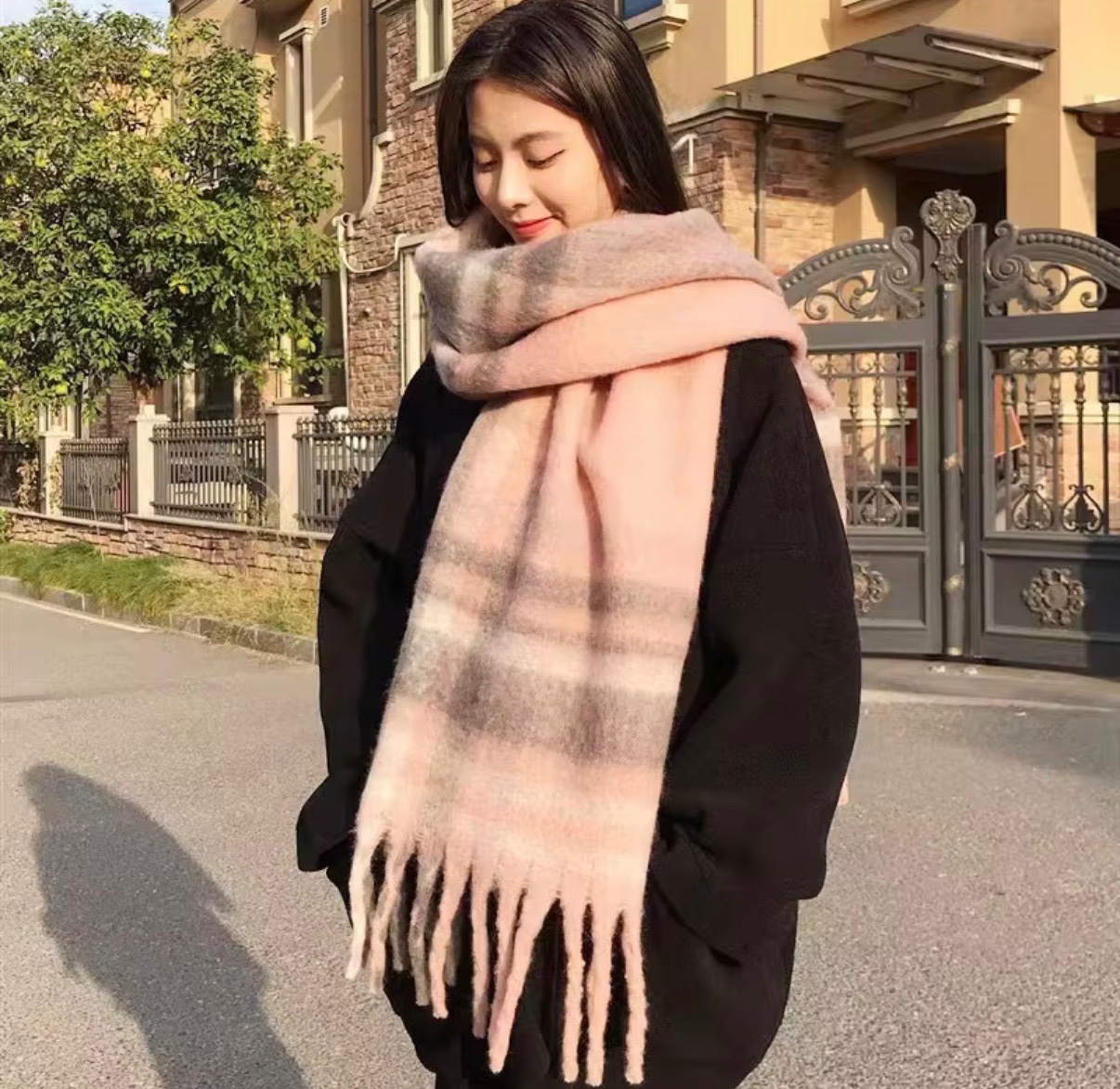 Pink Plaid Oversized Fringe Scarf