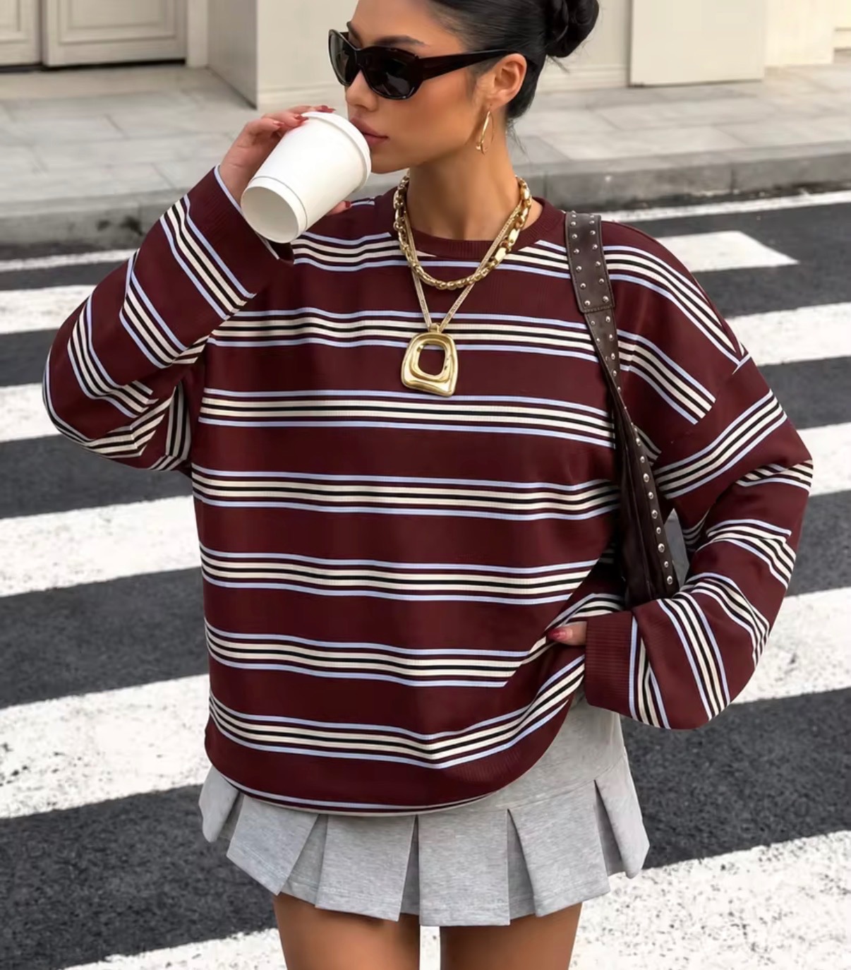 Oversized Burgundy Striped Crew Neck Sweatshirt