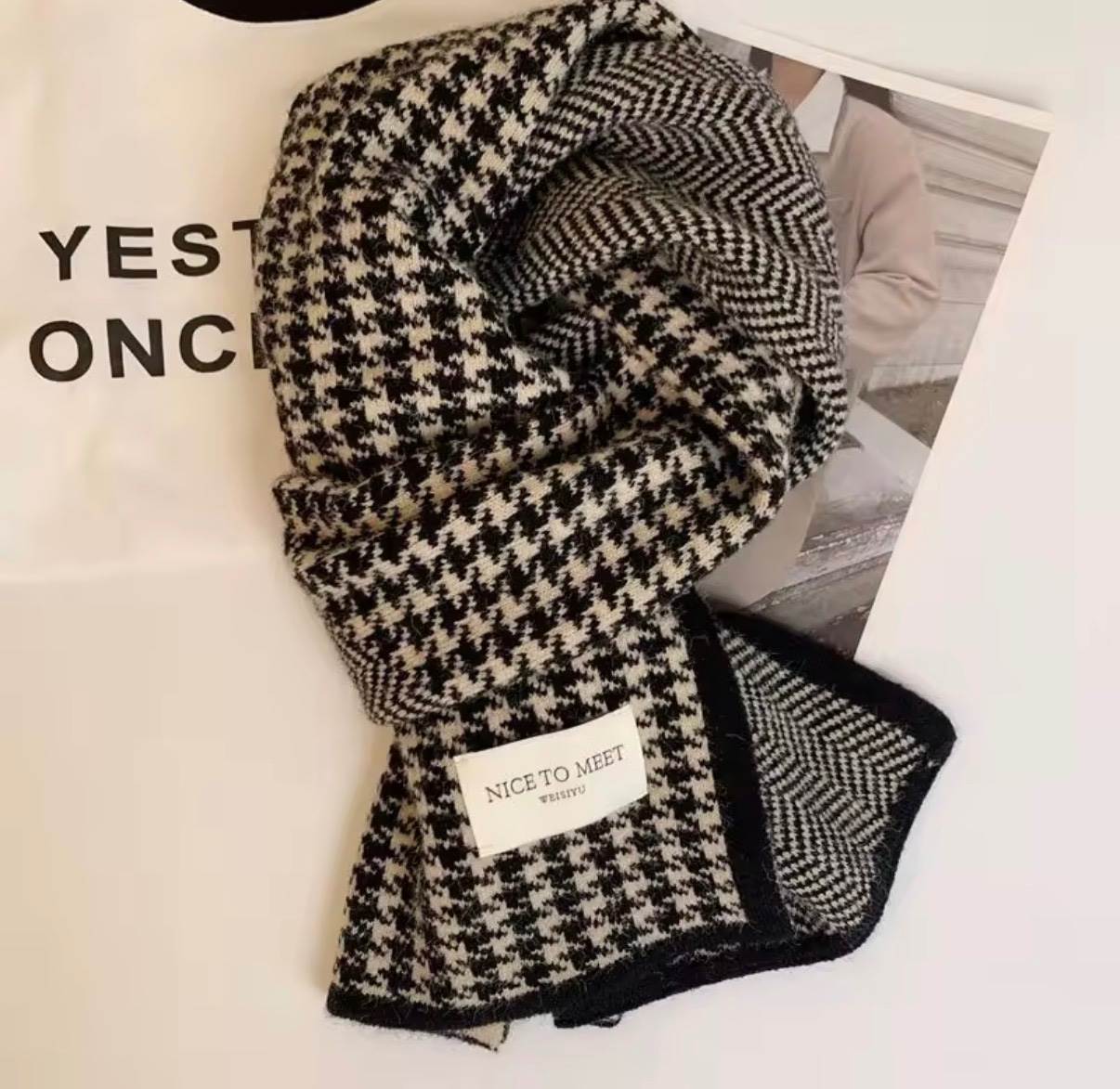 Black and Cream Houndstooth Knit Scarf