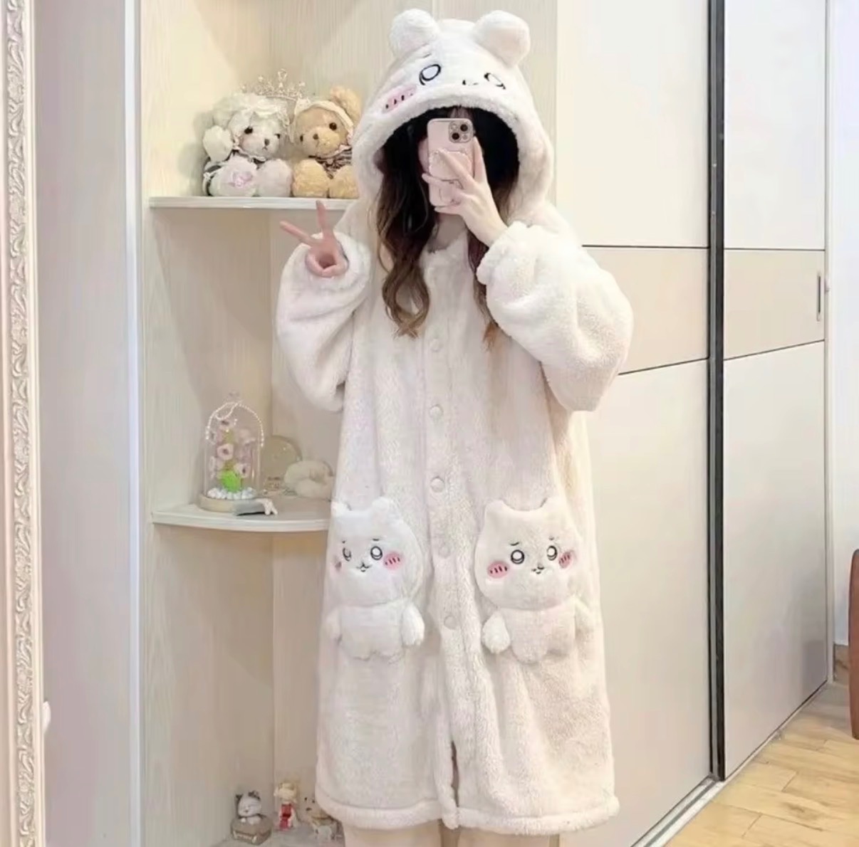 White Fleece Hooded Robe with Character Pockets